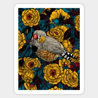 Zebra finch and yellow rose bush Sticker